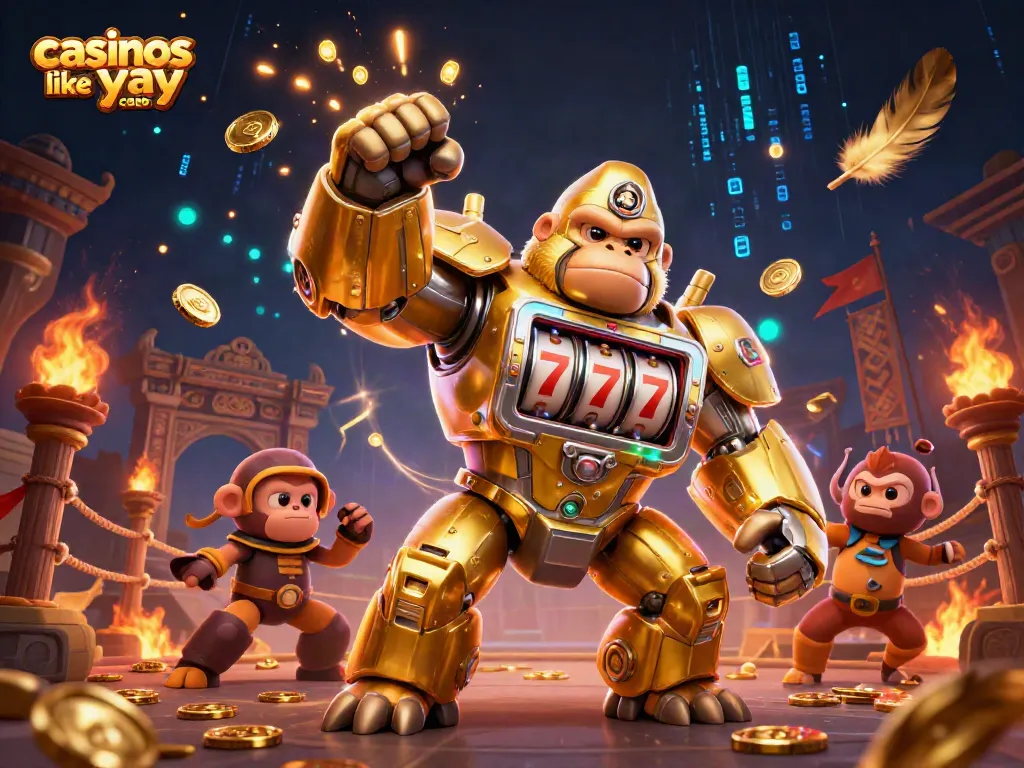 Engage with top casinos like yay casino featuring a golden gorilla mech amidst an electrifying casino scene.