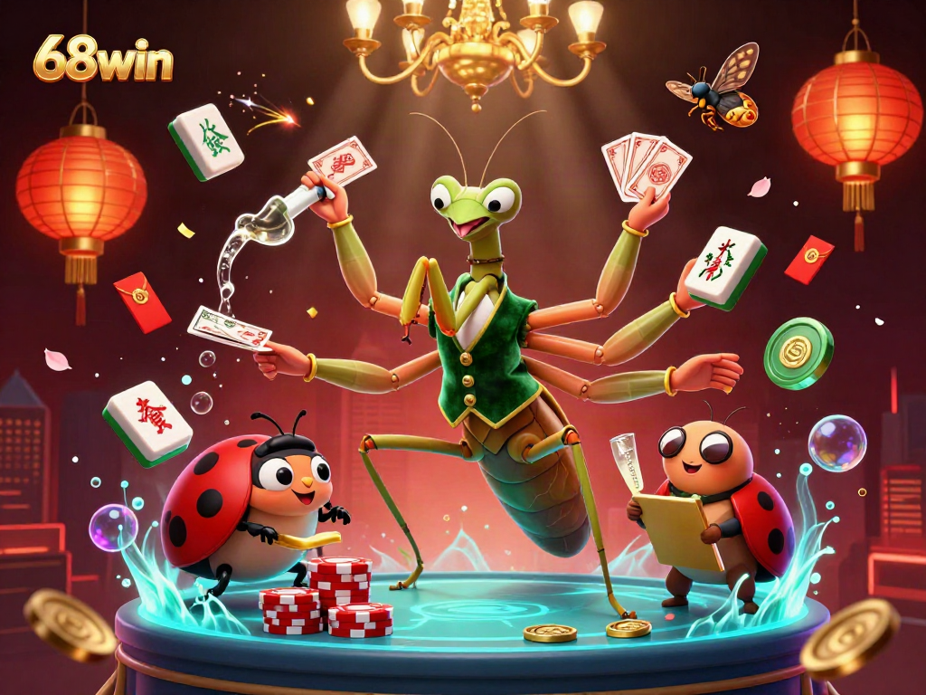 Spin your luck with 68win at this vibrant casino illustration featuring festive game elements.