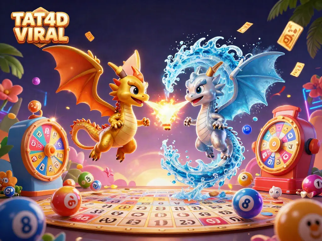 Enhance your gaming strategies with TAT4D VIRAL lottery elements featuring dynamic illustrations of dragons and colorful lottery balls.