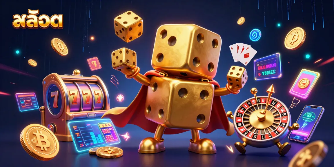 Play สล็อต with energetic dice golem and vibrant slot themes in a colorful casino scene