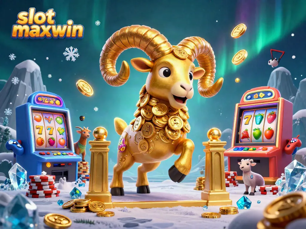 Engage with slot maxwin in a vibrant 3D casino scene featuring a golden ram and colorful slot machines.