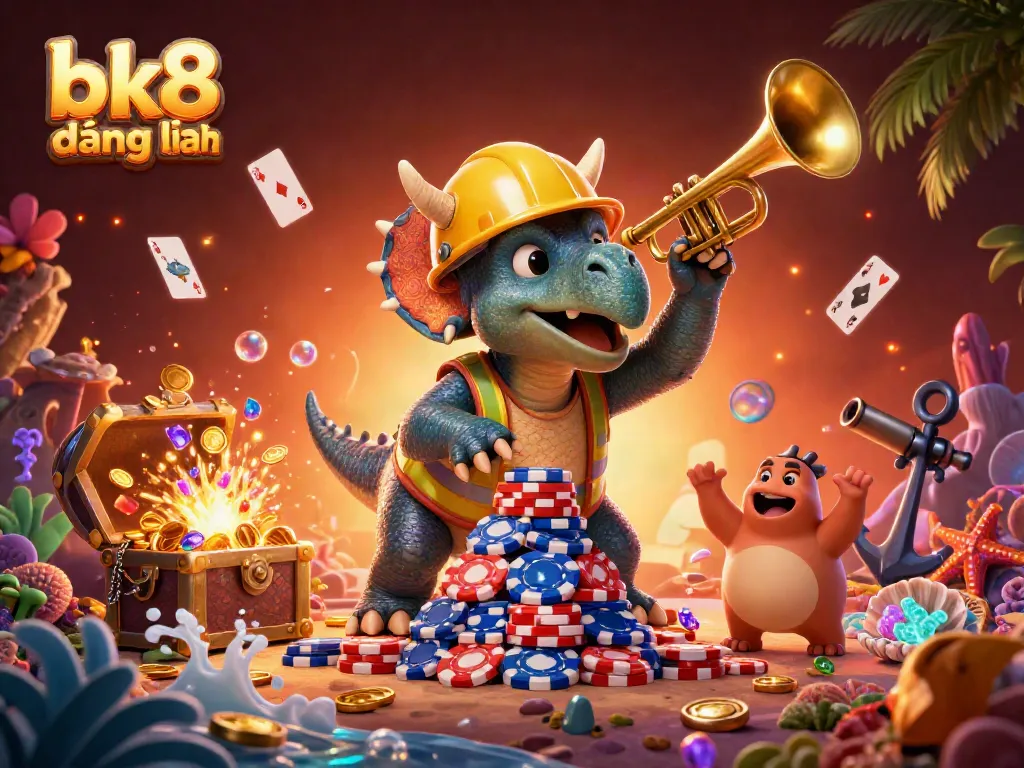 Experience the thrill of gaming with bk8 đăng nhập showcasing vibrant casino elements and cartoon dinosaurs.