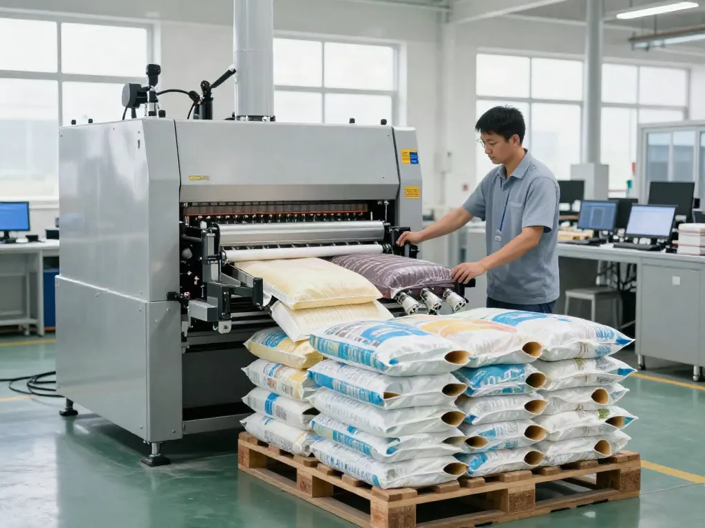Automatic bag palletizer machine automating the stacking of open-mouth bags in an industrial setting.