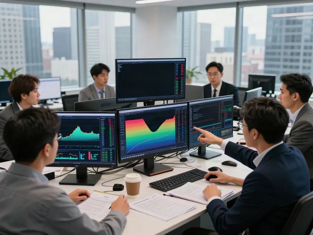 Traders using TradingView for live market analysis in a modern office.