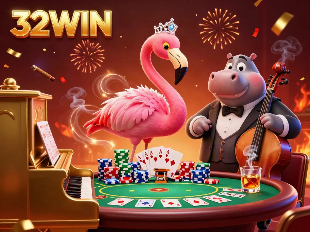 Experience the vibrant casino atmosphere at 32WIN with a flamingo singer and hippo bassist surrounded by poker elements.