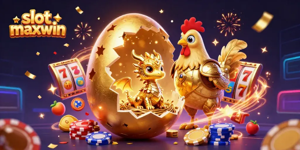 Engage with slot maxwin excitement featuring a colossal golden egg, dragon, and lively slot symbols.