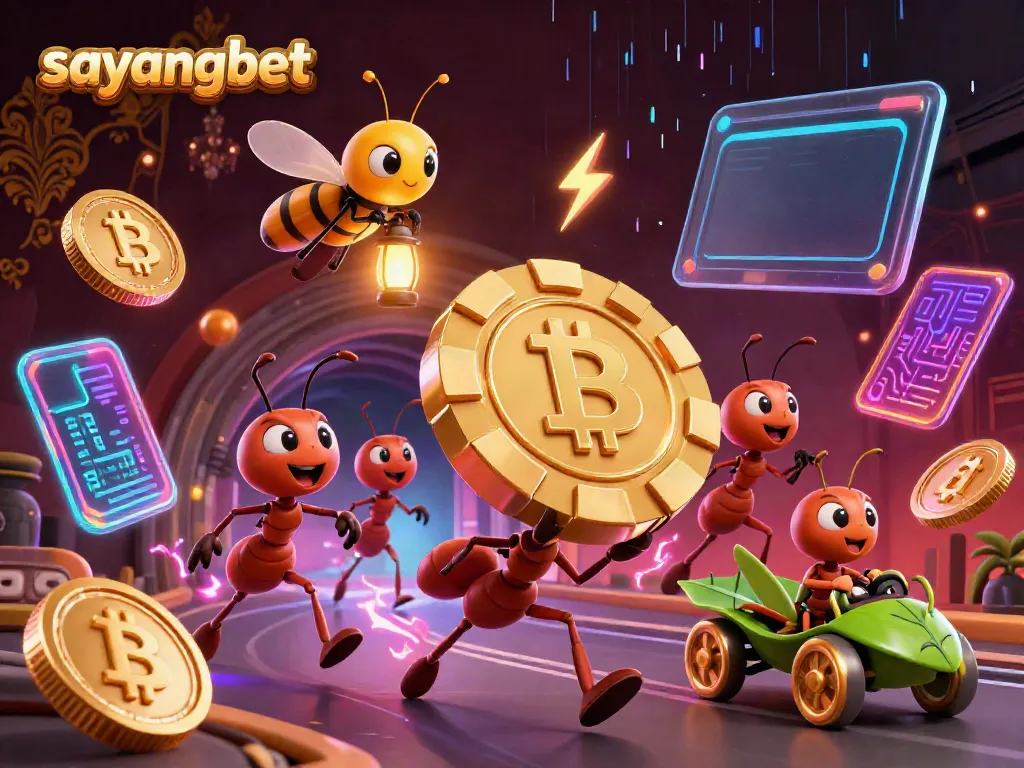 Experience sayangbet's thrilling adventure with cartoon ants heisting a giant poker chip surrounded by crypto elements.