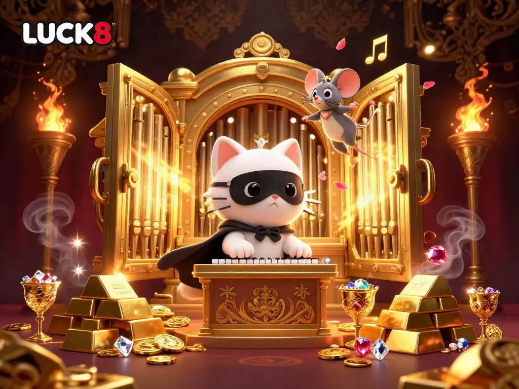 Engage with the LUCK8 casino experience featuring a dynamic 3D casino scene full of gold, gems, and music.