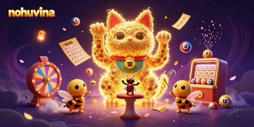 Experience winning excitement with nohuvina’s vibrant online casino scene filled with dynamic gaming symbols and characters.