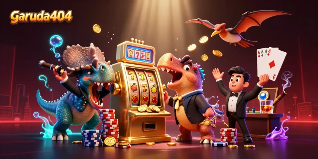 Join the excitement at garuda404 with a cartoon dinosaur winning a jackpot from a golden slot machine.
