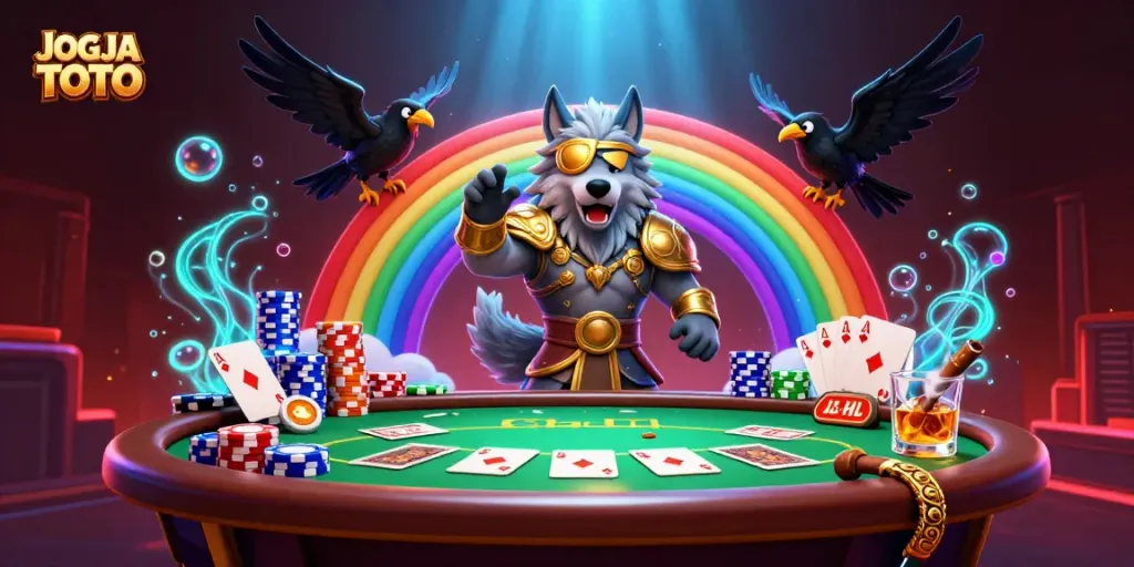 Experience JOGJA TOTO through a vibrant 3D casino scene featuring mythical characters and poker elements.