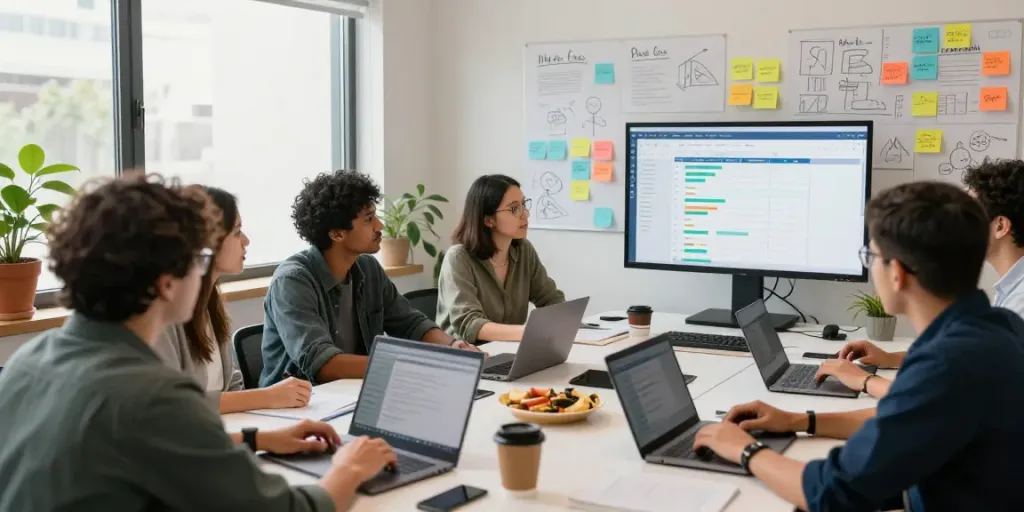Engaged team collaborating on fixed cost MVP development service in a modern workspace