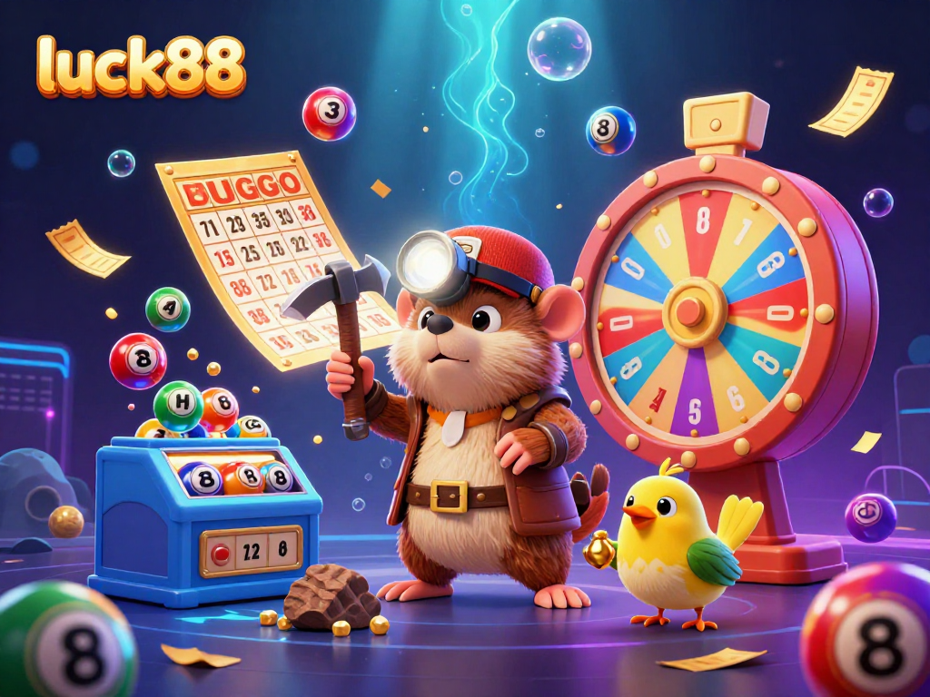 Engage with luck88 in a thrilling scene of lottery excitement featuring a treasure hunter mole and dazzling game elements