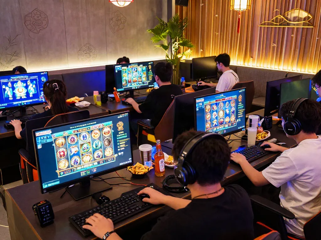 Exciting PESGSLOT gaming experience with diverse players enjoying Asian-themed slot games in a vibrant lounge.
