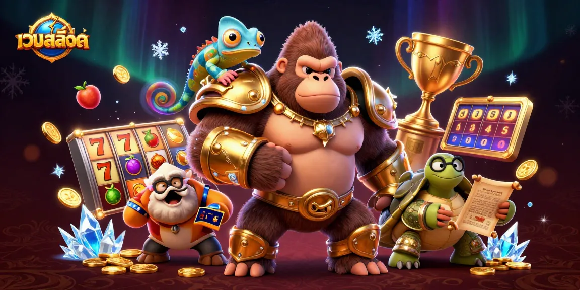 Play slot games at เว็บสล็อต with immersive characters and dynamic gaming elements in vibrant illustration.