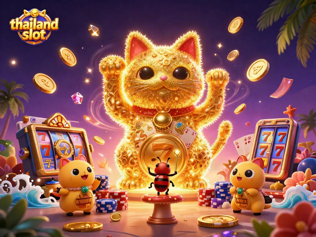 Engage with thailand slot excitement in this dynamic illustration featuring a lucky cat and gleaming casino symbols.
