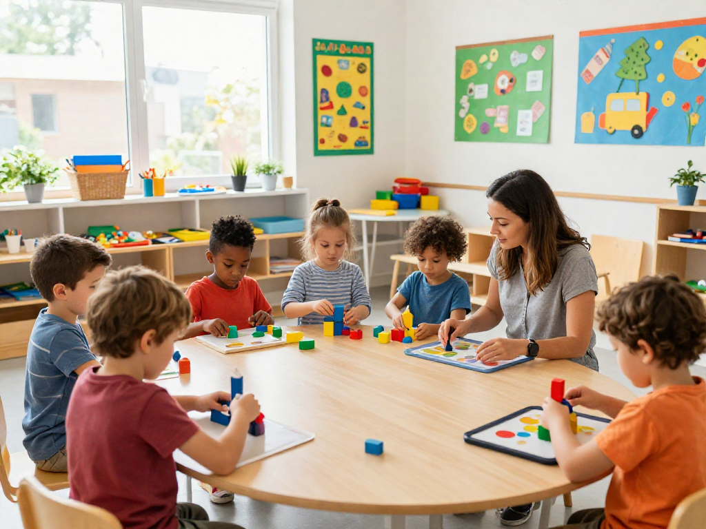 Kindergarten near me: Engaging preschool classroom with children exploring learning activities and colorful educational tools.