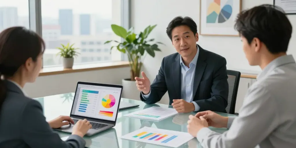 Ed Rempel review during a financial consultation with a client in a modern office.