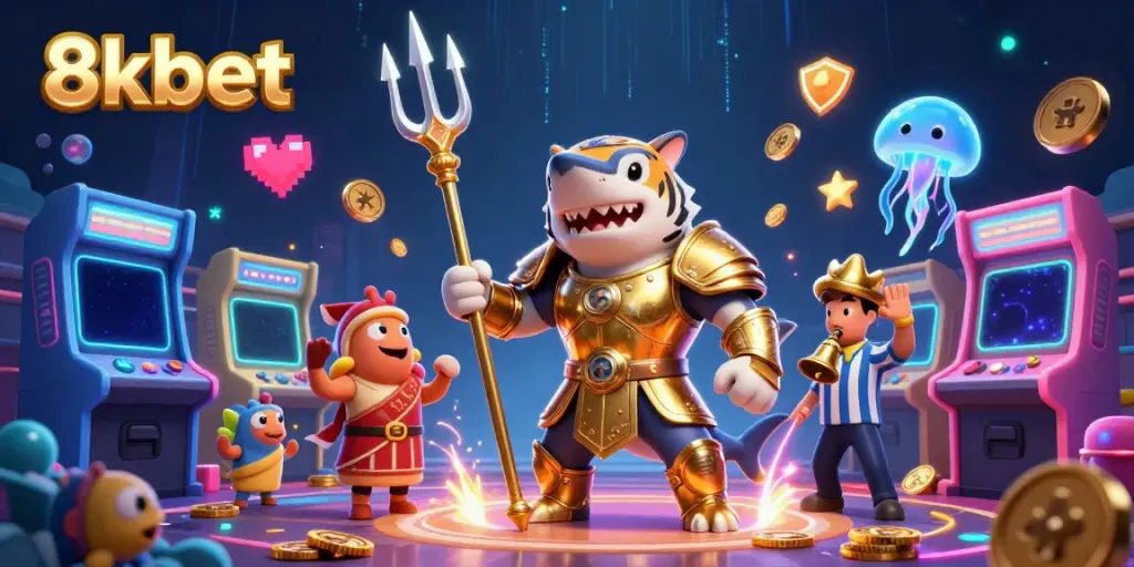 Experience the thrilling underwater world of 8xbet with a shark hero wielding a trident