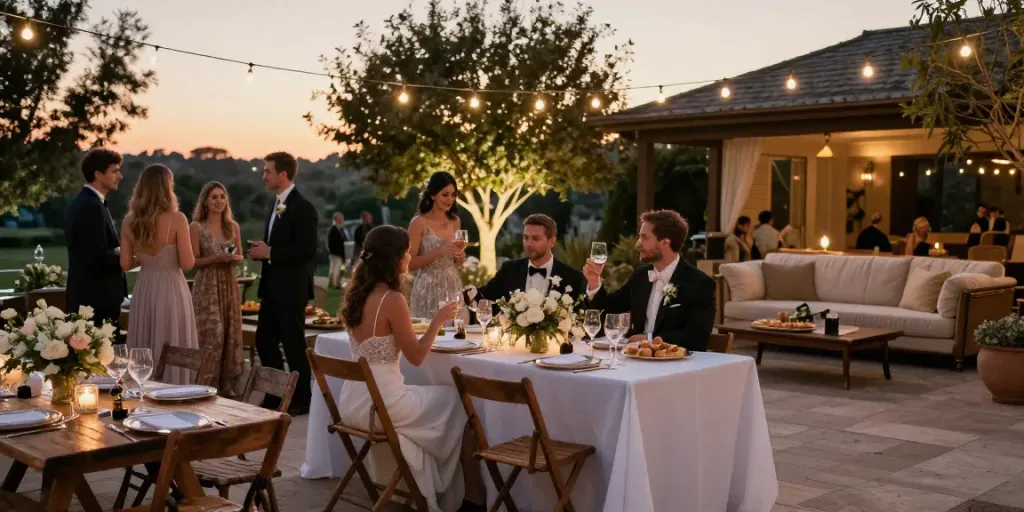 Event furniture rental showcased at a romantic wedding reception with elegant arrangements and ambient lighting.
