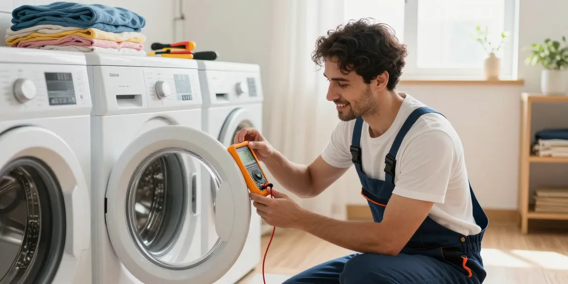 Dryer repair technician inspecting a dryer in a cozy laundry room, ensuring efficient appliance service.