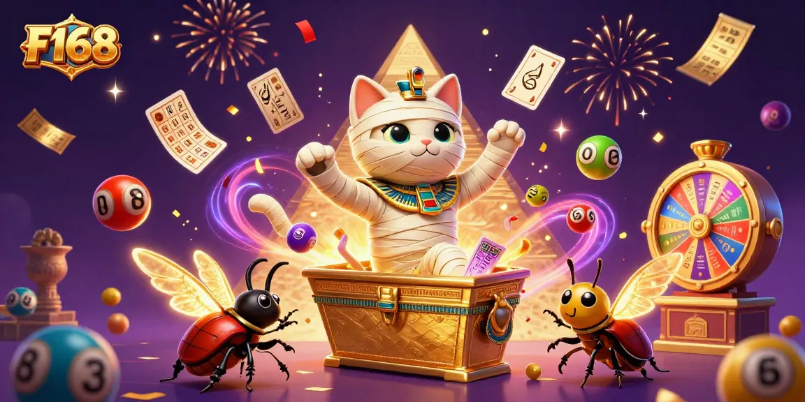 Join F168's thrilling casino adventure with a mummy cat and vibrant game elements!
