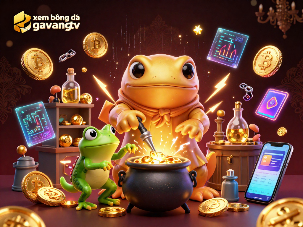 Experience xem bóng đá gavangtv with golden alchemist and dynamic crypto elements in a vibrant immersive scene.
