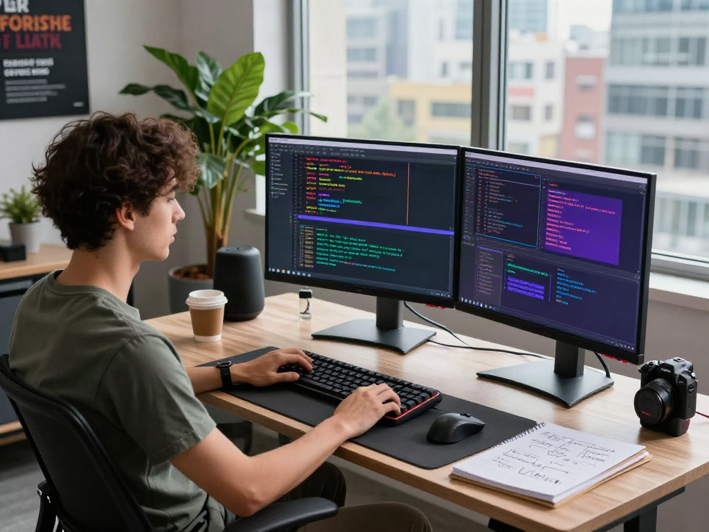 Developer at modern workspace coding on Spotify mod software, showcasing vibrant interface elements