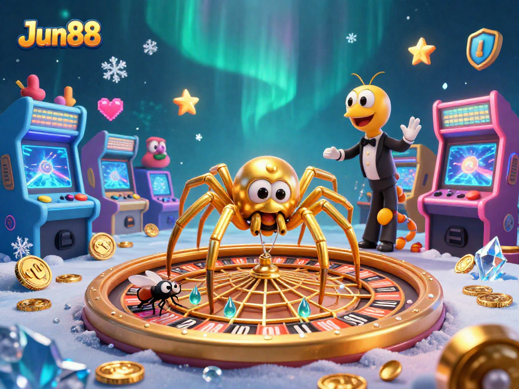 Experience the excitement of Jun88 as the golden spider spins a roulette web in a vibrant casino scene.