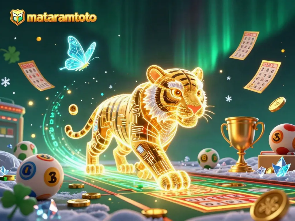 Engage with mataramtoto's vibrant digital lottery scene filled with colorful balls, golden trophies, and dynamic betting elements.