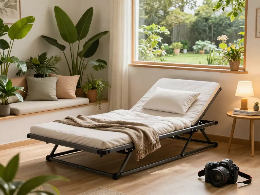 Folding bed in a modern living room with vibrant plants and warm lighting.