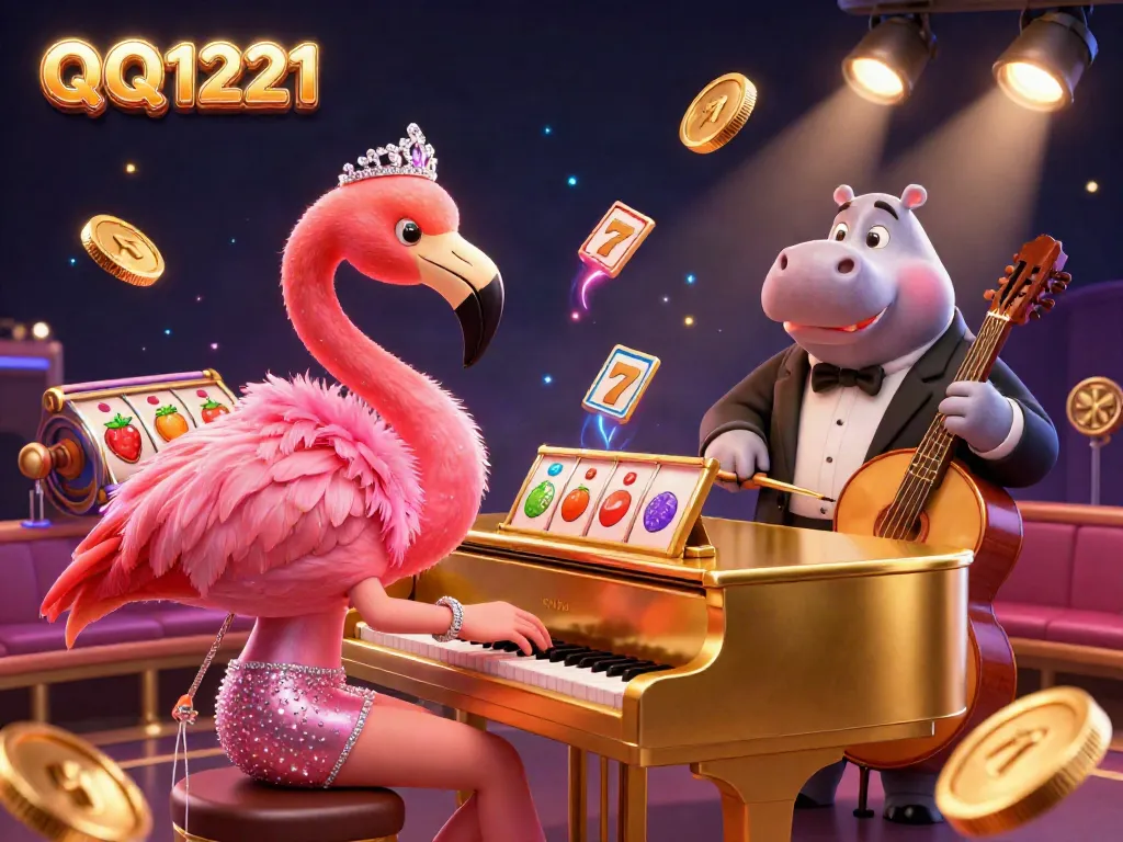 Join the excitement with QQ1221 as vibrant slot reels and golden coins animate the casino atmosphere.
