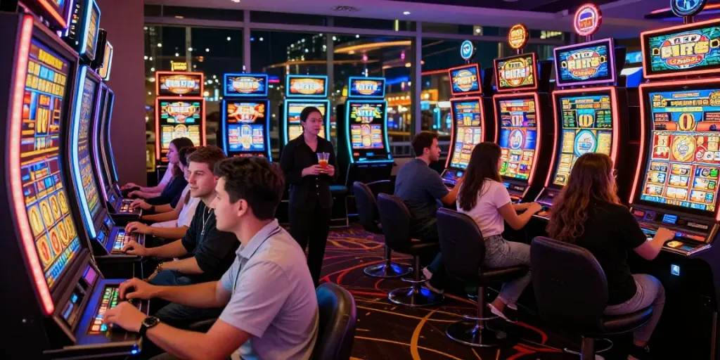 Players enjoying vibrant slot machines at PROPLAY88, featuring link alternatif proplay88 for real-time RTP data.