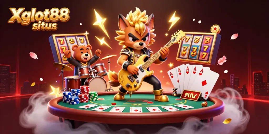 Ilustrasi dinamis Xgslot88 situs dengan karakter kasino dan elemen permainan yang menarik.
