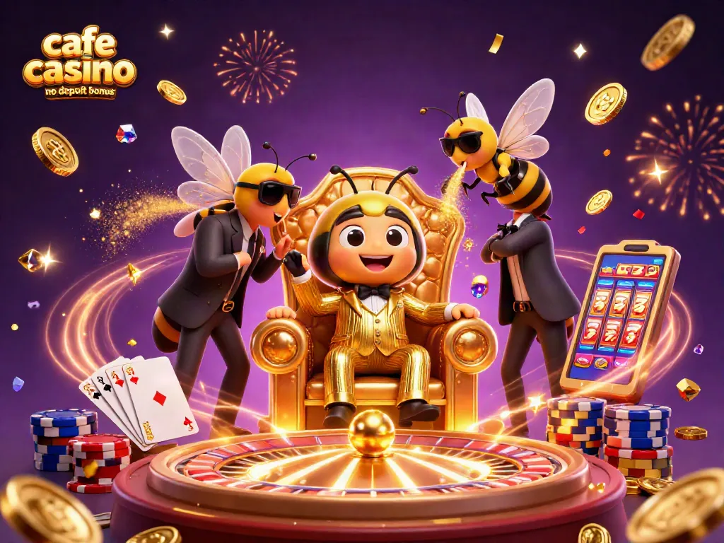 Revel in the excitement of cafe casino no deposit bonus with a vibrant 3D illustration of buzzing characters and casino elements.