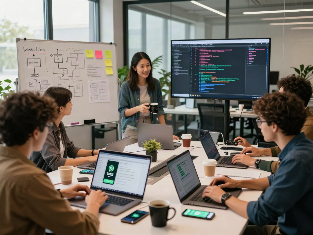Engaging digital workspace highlighting gb WhatsApp collaboration among developers in a modern office.