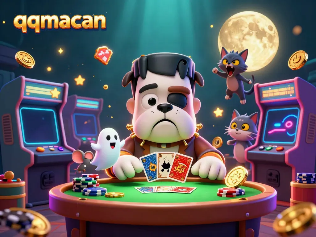 Enjoy thrilling gameplay at qqmacan with animated characters dealing cards and gaming machines.