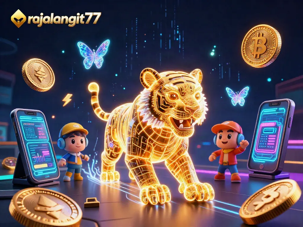 Experience the thrill of gaming with rajalangit77 in a vibrant, neon-lit digital casino scene.