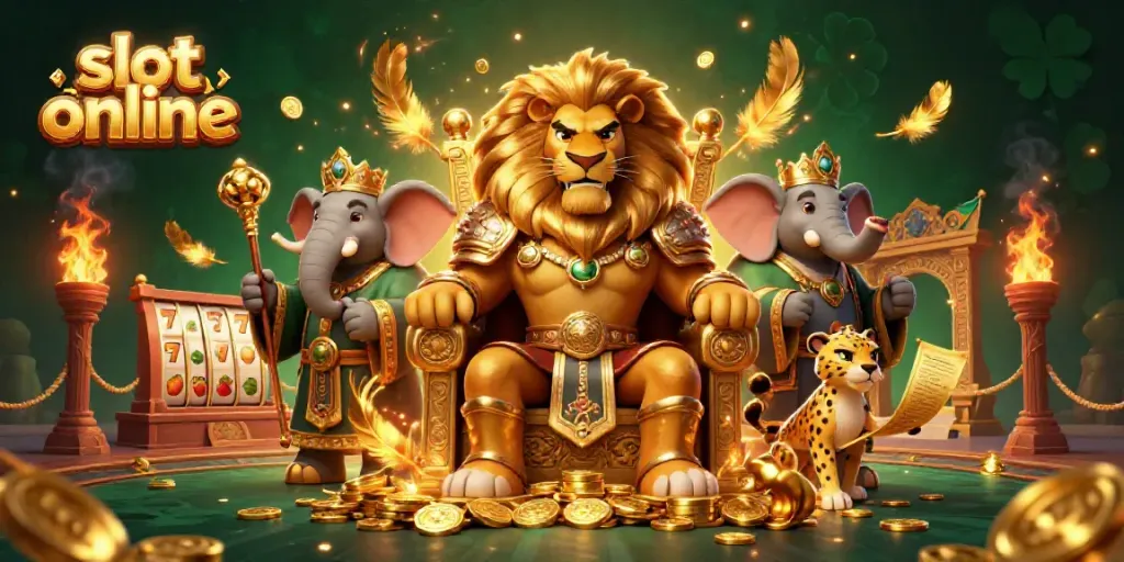 Spin the reels in this vibrant scene featuring slot online with a fierce lion king and his allies.