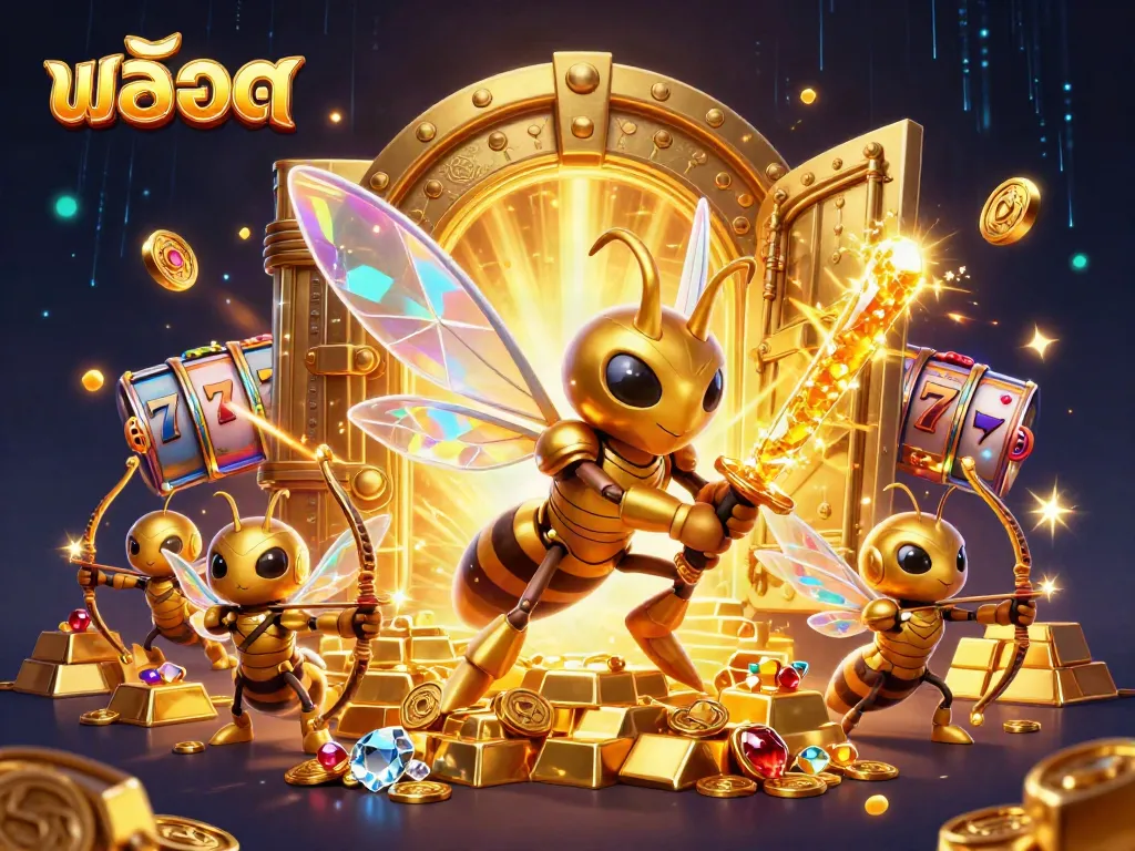 Experience the excitement of สล็อต through a golden hornet samurai and bee archers amidst vibrant treasures.