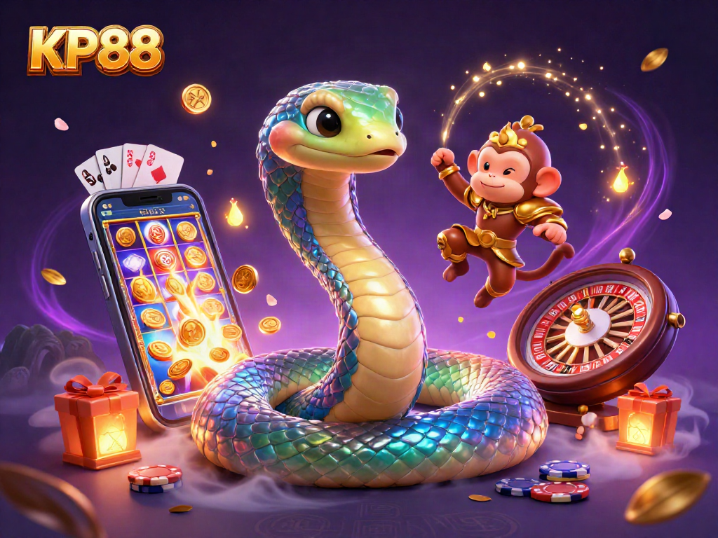 Experience KP88's vibrant casino world with an enchanting rainbow serpent and magical game elements.