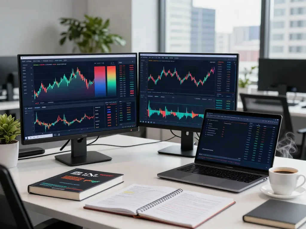 Trader using TradingView software in a modern office with financial charts and multiple screens.