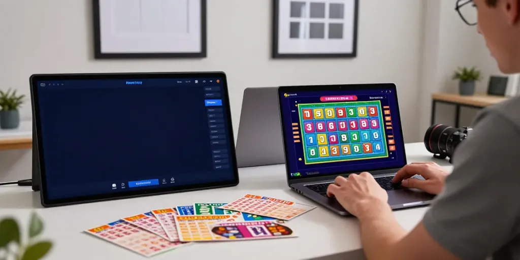 Pengguna aktif memasang taruhan di RATUTOGEL dengan laptop dan aplikasi, suasana menarik dan penuh semangat.
