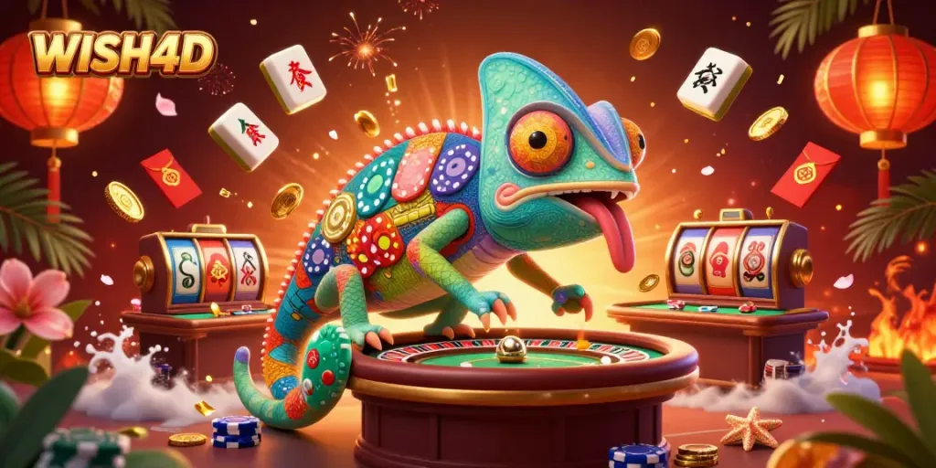Experience the vibrant WISH4D casino scene with a chameleon owner and dynamic game elements.