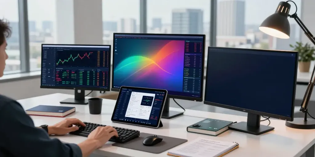 Free stock market API analysis in a modern crypto trading office with high-tech screens and a digital wallet.