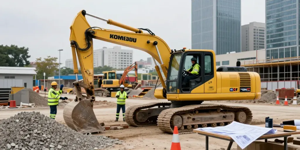 Panafrican Equipment excavator being operated at a bustling construction site.
