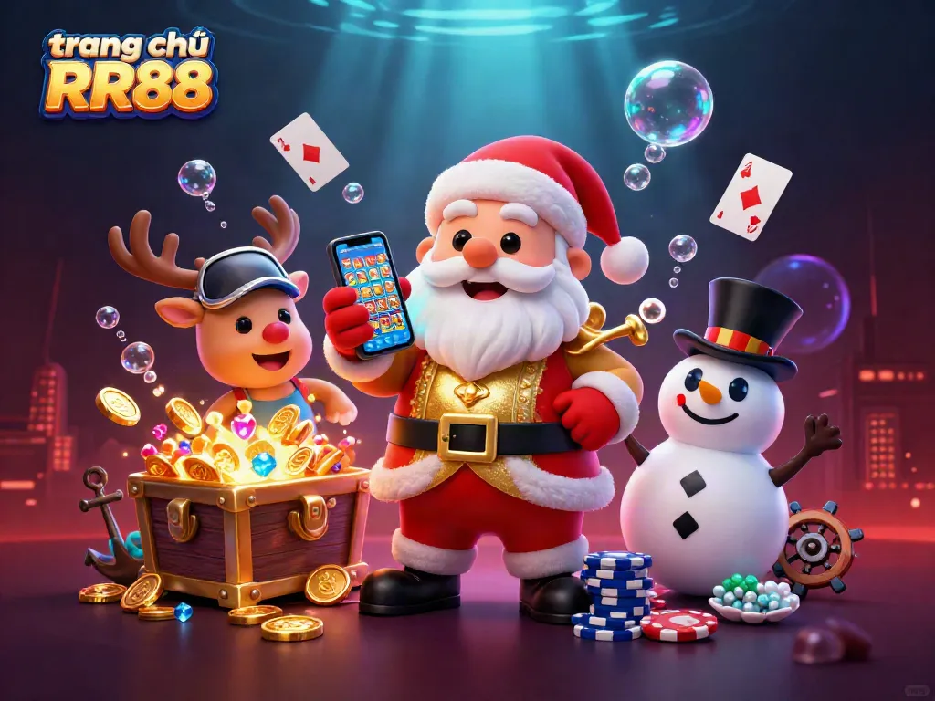 Play exciting games on trang chủ RR88 with fun illustrations of jackpot slots, casino characters, and treasures.