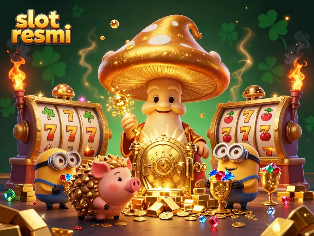 Experience the thrill of slot resmi with a golden wizard, treasures, and vibrant casino symbols.