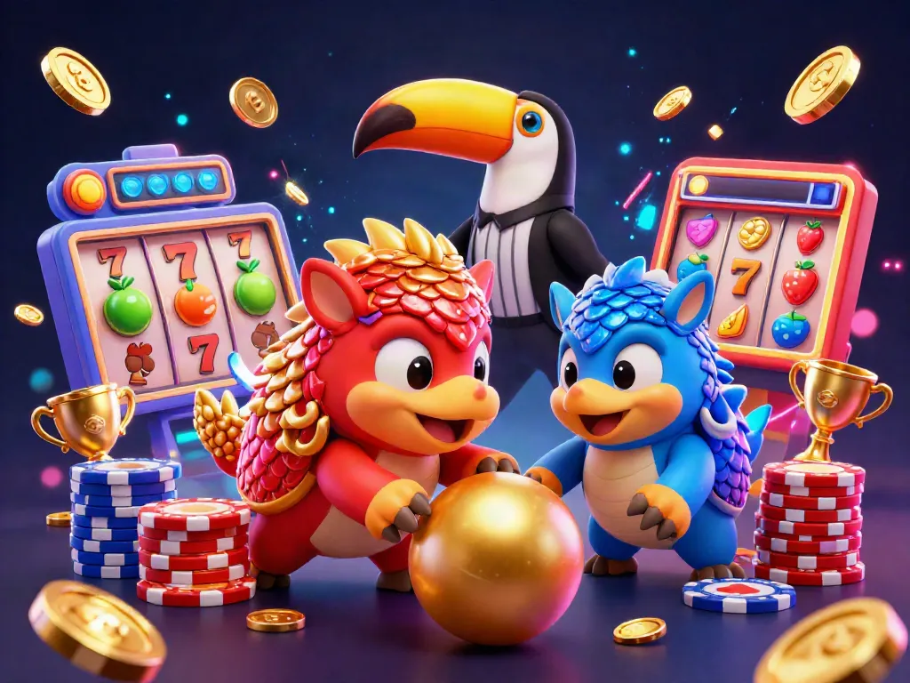 Permainan slot surga138 dengan pangolin berwarna merah dan biru bersaing, dikelilingi elemen jackpot dan koin emas