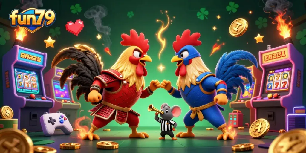 Engage in fun79's energetic casino showdown with roosters and gaming elements!